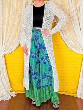 Boho Festival Cottagecore Hippie Crochet Cream Cardigan Maxi Duster Sz M